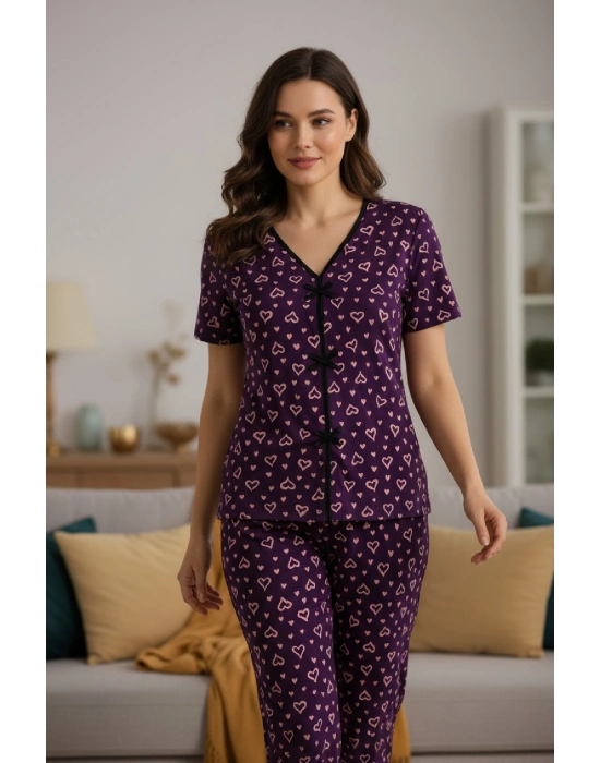 Kadın Mor Kalp Desenli Fiyonklu Kısa Kollu Uzun Pijama Takımı