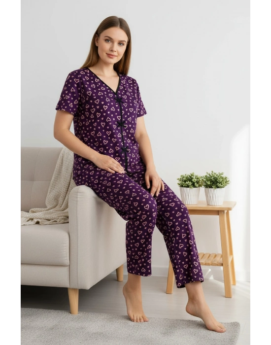 Kadın Mor Kalp Desenli Fiyonklu Kısa Kollu Uzun Pijama Takımı