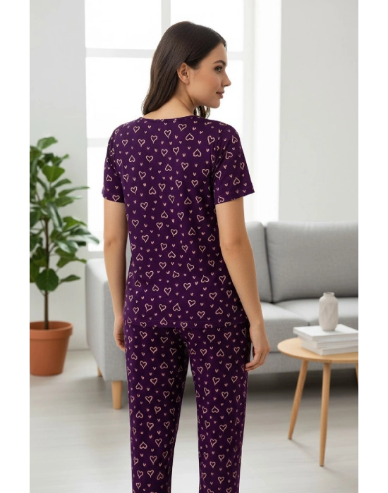Kadın Mor Kalp Desenli Fiyonklu Kısa Kollu Uzun Pijama Takımı
