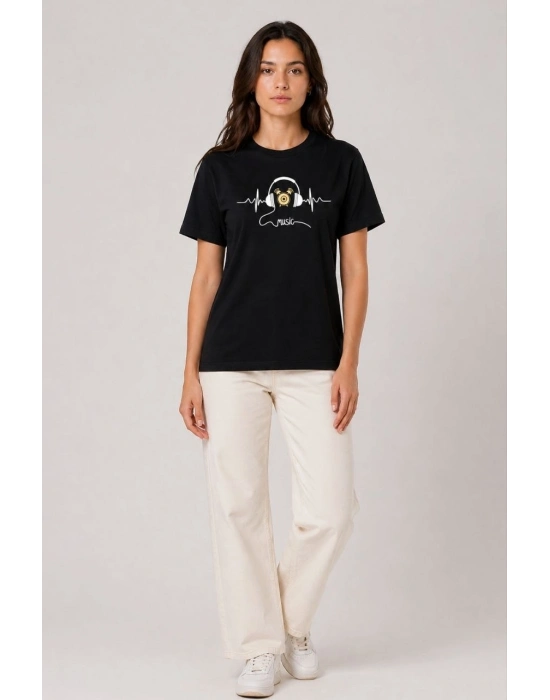 Kadın Müzik Temalı Baskılı Tişört Bisiklet Yaka Kısa Kol T-Shirt - Siyah