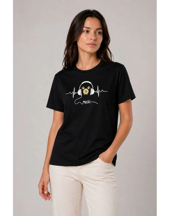 Kadın Müzik Temalı Baskılı Tişört Bisiklet Yaka Kısa Kol T-Shirt - Siyah