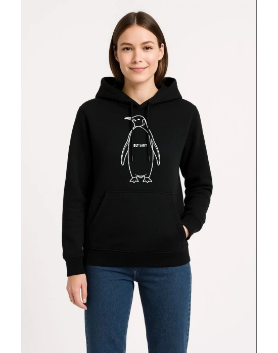Kadın 3 İplik Pamuklu Kapüşonlu Hoodie Sweatshirt Nihilist Penguen Baskılı - Siyah