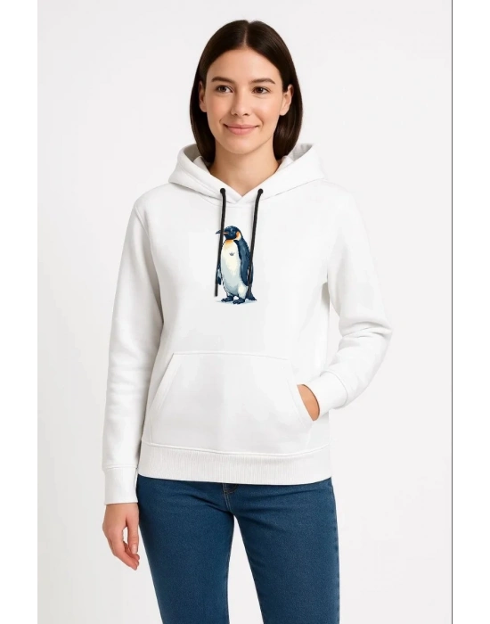 Kadın Oversize Hoodie - Sırt Baskılı Survivor Penguin Temalı, Felsefi Yazılı Kapüşonlu Sweatshirt - Beyaz