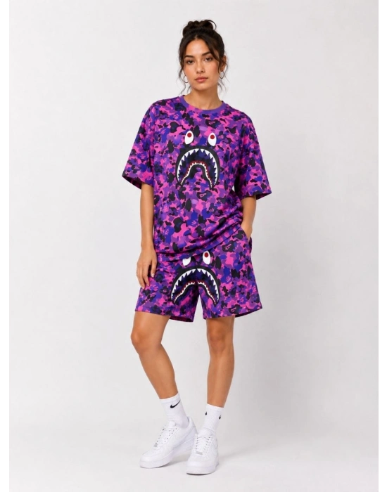 Kadın Oversize Kalıp Pubg Bape X Shark Nakışlı Cepli Şort Takım - Mor