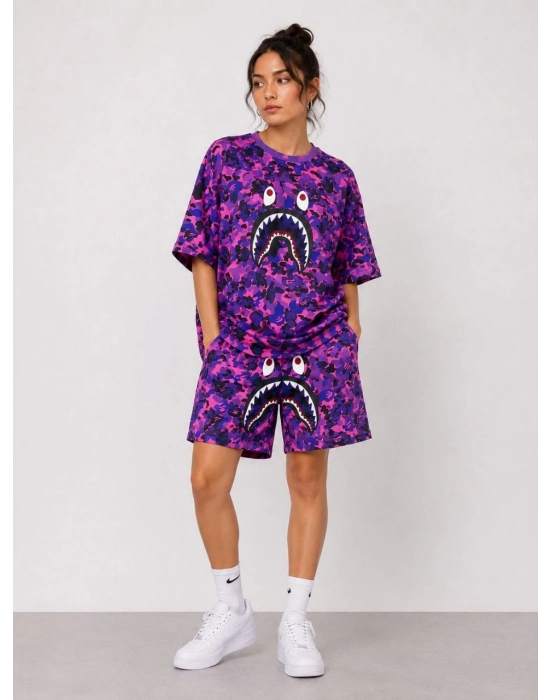 Kadın Oversize Kalıp Pubg Bape X Shark Nakışlı Cepli Şort Takım - Mor