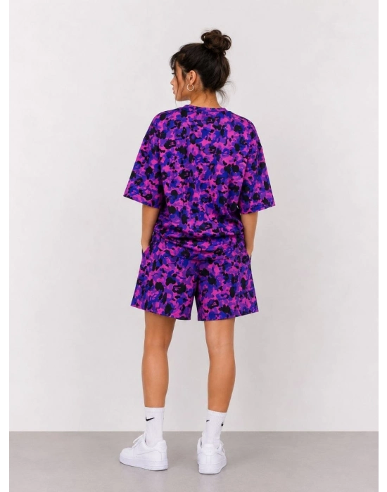 Kadın Oversize Kalıp Pubg Bape X Shark Nakışlı Cepli Şort Takım - Mor