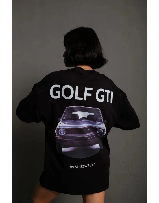 Kadın Oversize Tişört Golf GTI Retro Araba Baskılı T-shirt - Siyah