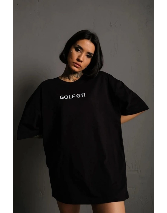 Kadın Oversize Tişört Golf GTI Retro Araba Baskılı T-shirt - Siyah