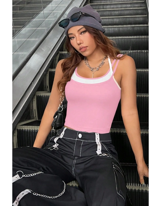 Kadın Pembe Beyaz Çift Renk Çapraz Askılı Crop Top Bluz