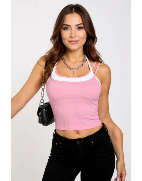 Kadın Pembe Beyaz Çift Renk Çapraz Askılı Crop Top Bluz – Şık, Rahat ve Kolay Kombinlenebilir