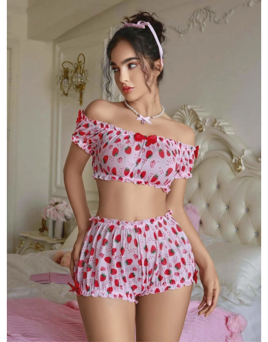Kadın Pembe Çilek Desenli Fantezi Şort takım 2156