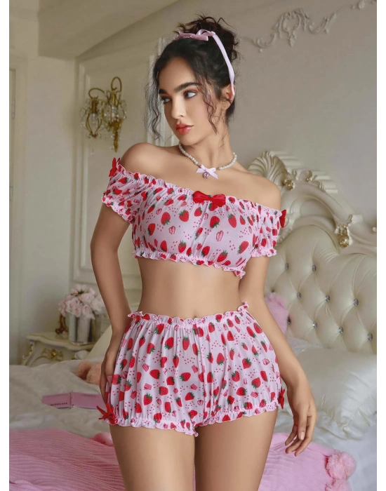 Kadın Pembe Çilek Desenli Fantezi Şort takım 2156