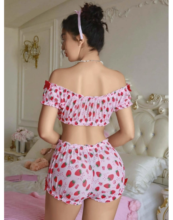 Kadın Pembe Çilek Desenli Fantezi Şort takım 2156