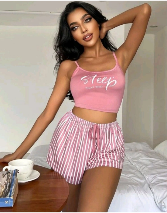 Kadın pembe çizgili desen Askılı Şortlu Pijama Takım 5002