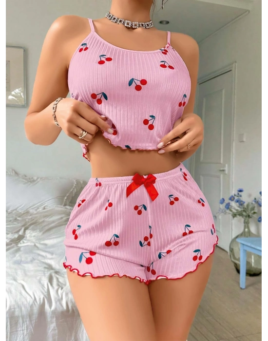 Kadın Pembe Kiraz Desenli Askılı Şortlu Pijama Takım 5044