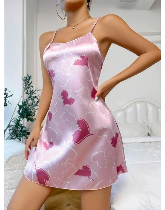 Kadın Pembe Saten Askılı fuşya kalp Desen baskılı Gecelik 2217
