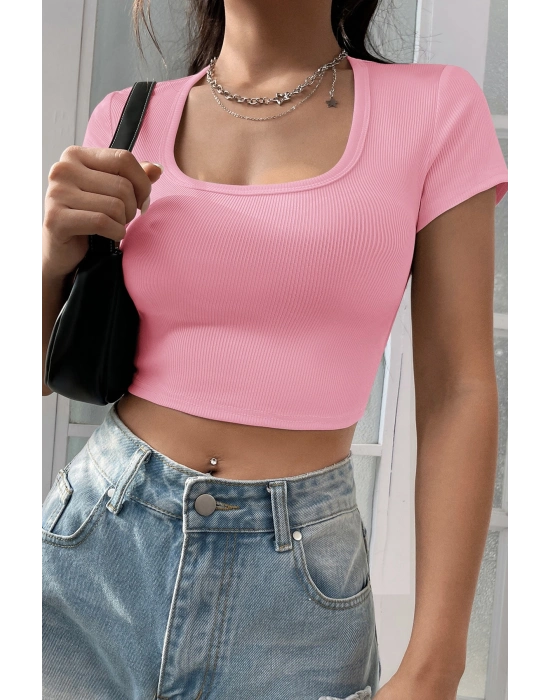 Kadın Pembe Yarım Kol Düz Yaka Crop Top Bluz