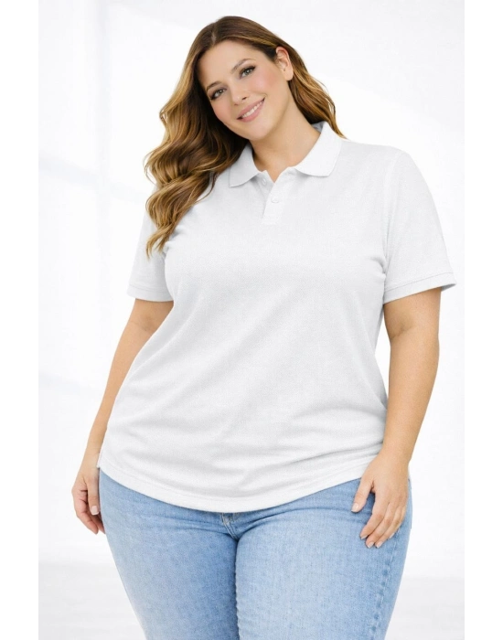 Kadın Pike Kumaş Düğmeli Yaka Battal Büyük Beden Günlük Kısa kol Tişört T-shirt - Beyaz