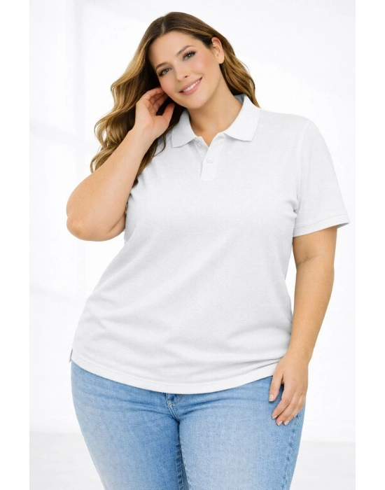 Kadın Pike Kumaş Düğmeli Yaka Battal Büyük Beden Günlük Kısa kol Tişört T-shirt - Beyaz