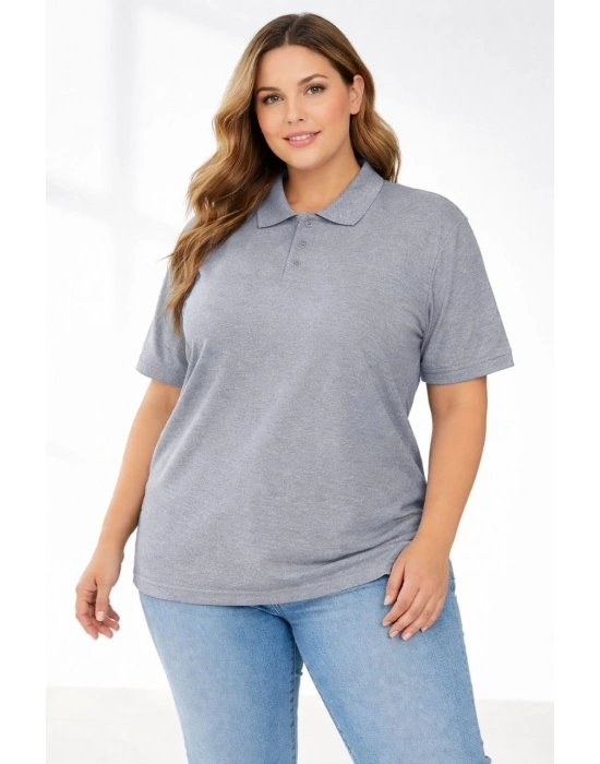 Kadın Pike Kumaş Düğmeli Yaka Battal Büyük Beden Günlük Kısa kol Tişört T-shirt - Gri