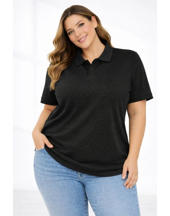 Kadın Pike Kumaş Düğmeli Yaka Battal Büyük Beden Günlük Kısa kol Tişört T-shirt - Siyah