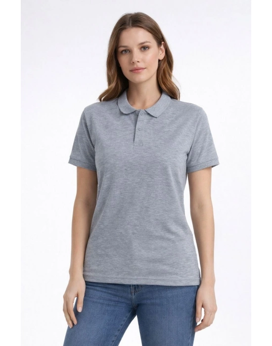 Kadın Pike Kumaş Düğmeli Yaka Regular Rahat Günlük Kısa kol Tişört T-shirt - Gri