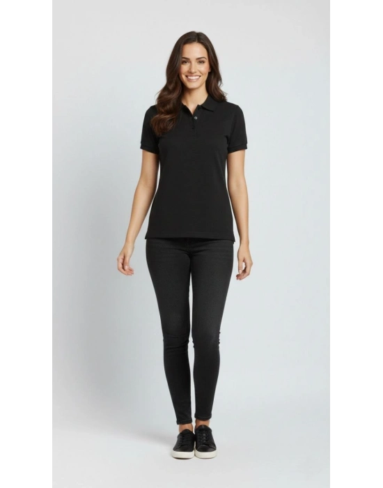 Kadın Pike Kumaş Düğmeli Yaka Regular Rahat Günlük Kısa kol Tişört T-shirt - Siyah