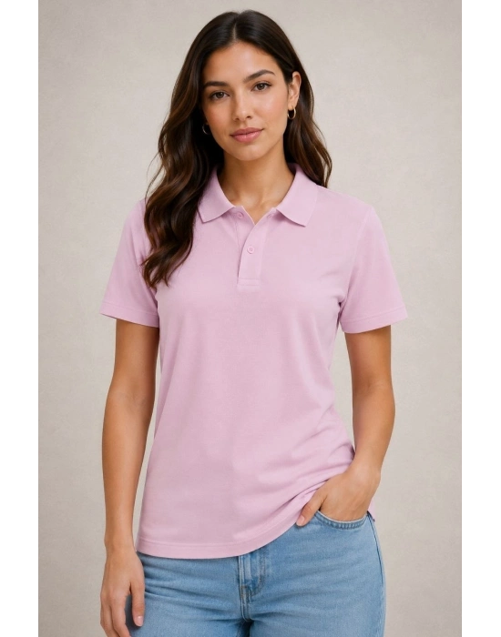 Kadın Polo Yaka Pike Kumaş Düğmeli Basic Tişört Günlük Rahat - Pembe