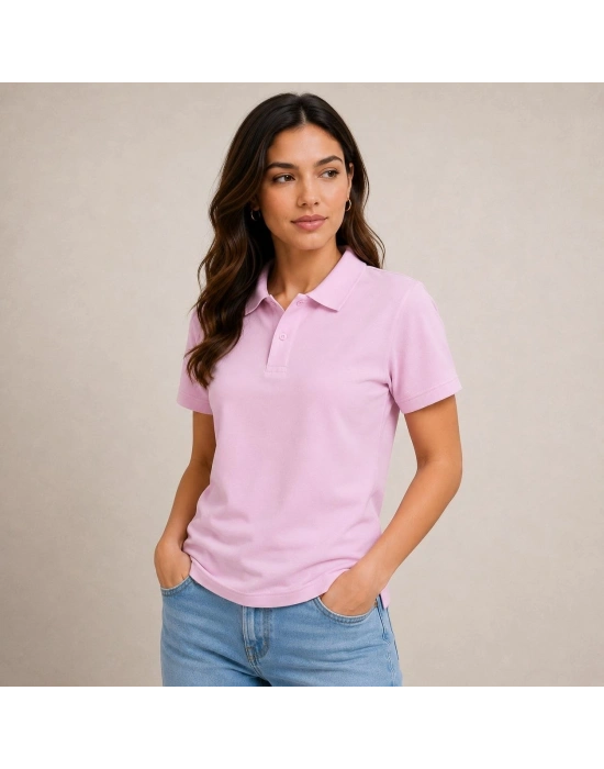 Kadın Polo Yaka Pike Kumaş Düğmeli Basic Tişört Günlük Rahat - Pembe