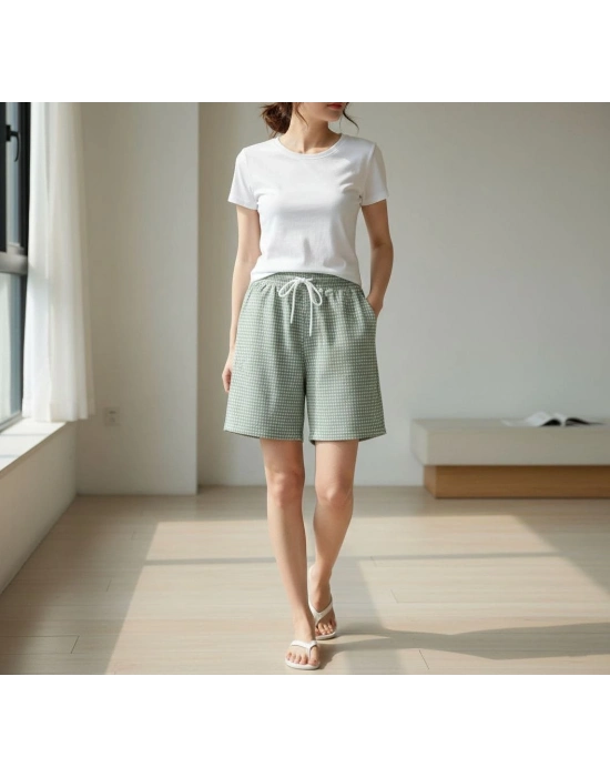 Kadın Pötikareli Şort – Beli Lastikli Bağcıklı, Cepli, Rahat Kesim Günlük Yazlık Şort - Mint Yeşili