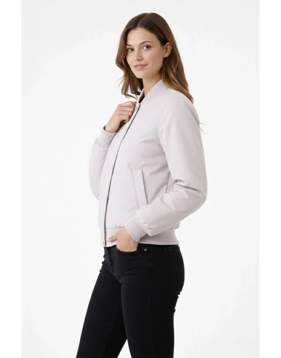 Kadın Premium Bomber Ceket Çıtçıt Kapamalı, Ribana Manşetli, Astarlı, Regular Fit Mont - Beyaz