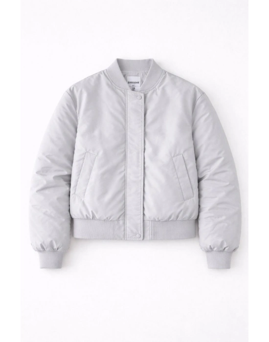 Kadın Premium Bomber Ceket Çıtçıt Kapamalı, Ribana Manşetli, Astarlı, Regular Fit Mont - Beyaz