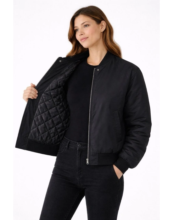 Kadın Premium Bomber Ceket Çıtçıt Kapamalı, Ribana Manşetli, Astarlı, Regular Fit Mont - Siyah