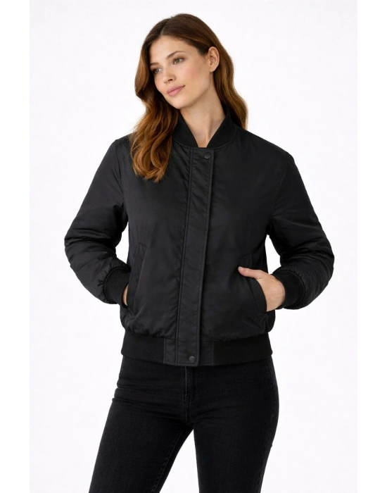 Kadın Premium Bomber Ceket Çıtçıt Kapamalı, Ribana Manşetli, Astarlı, Regular Fit Mont - Siyah