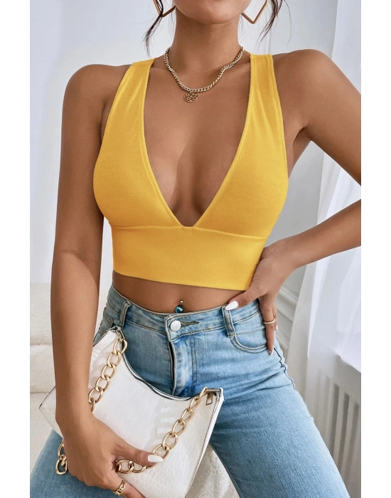 Kadın Sarı Çapraz Sırt Detaylı Şık Crop Top Büstiyer – Modern ve Şık Tasarım