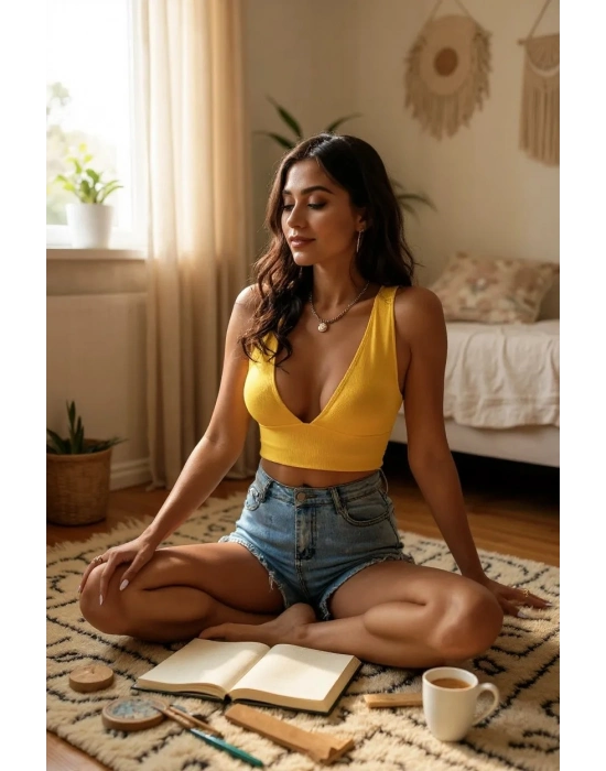 Kadın Sarı Çapraz Sırt Detaylı Şık Crop Top Büstiyer – Modern ve Şık Tasarım