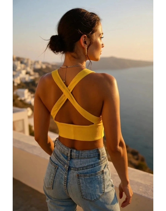 Kadın Sarı Çapraz Sırt Detaylı Şık Crop Top Büstiyer – Modern ve Şık Tasarım