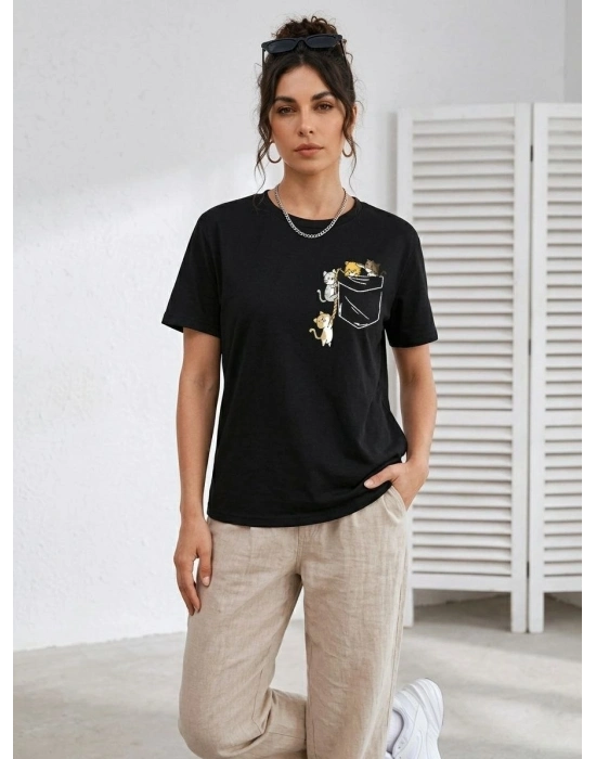 Kadın Sevimli Kedi Cep Baskılı Tişört Kısa Kol Yazlık T-Shirt - Siyah
