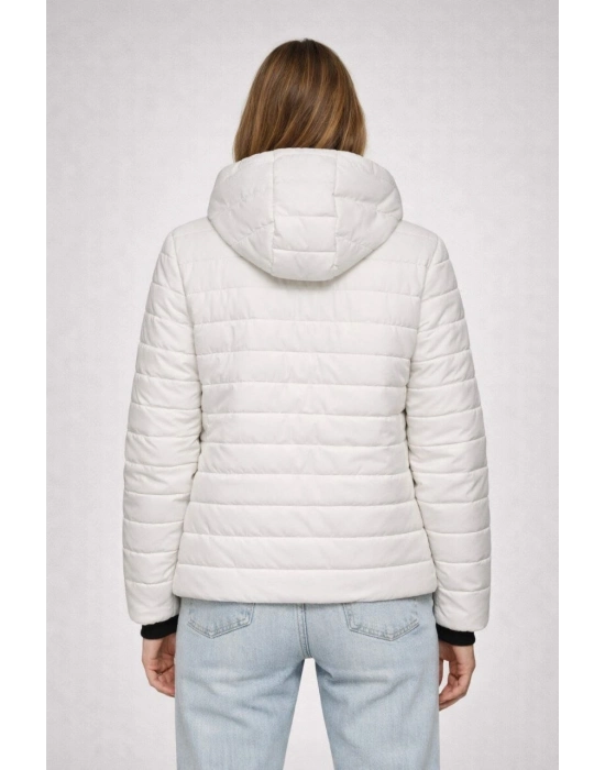 Kadın Şişme Kapüşonlu Fermuarlı Mont Su itici Kapitone Astarlı Kumaş Cepli Kışlık Rahat Kalıp - Krem