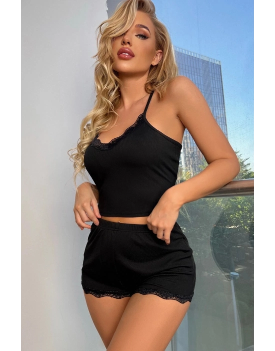 Kadın Siyah Alt Ve Üst Dantel Detaylı Şortlu Gecelik Takımı