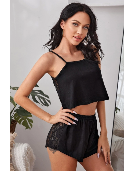 Kadın Siyah Arkası Komple Dantel Şortlu Gecelik Takım