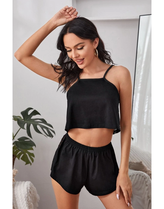 Kadın Siyah Arkası Komple Dantel Şortlu Gecelik Takım