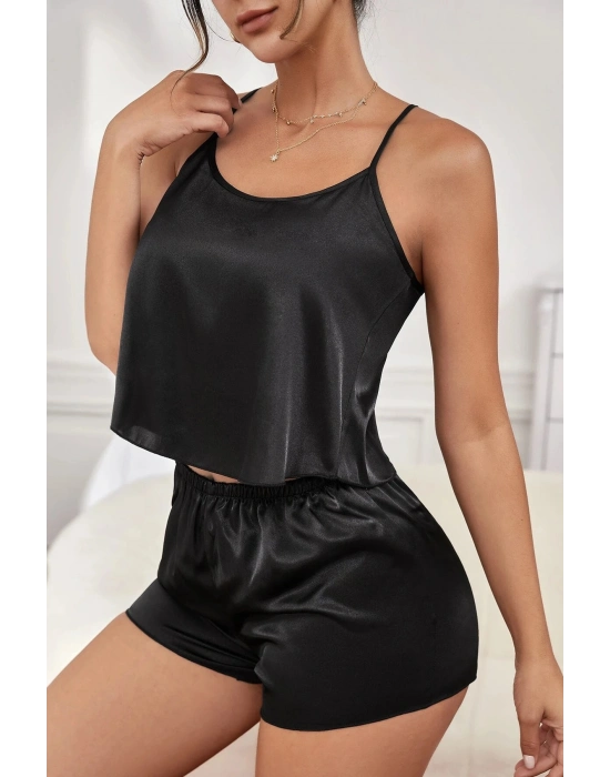 Kadın Siyah Asimetrik Sırt Dekolte Detaylı Şık Şortlu Gecelik Takım