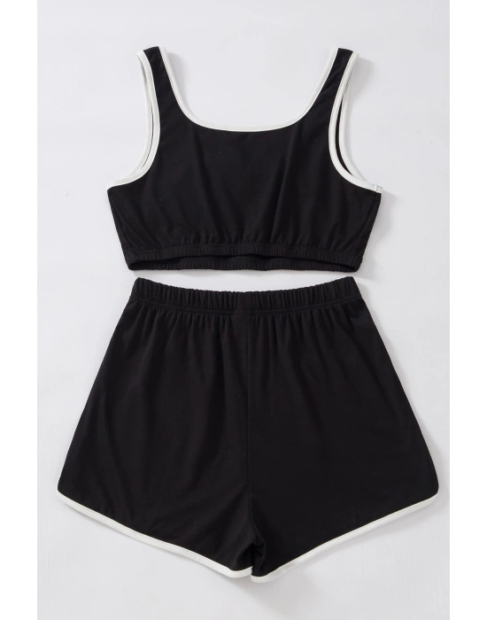 Kadın Siyah Askılı Crop Top ve Şortlu Gecelik Takım