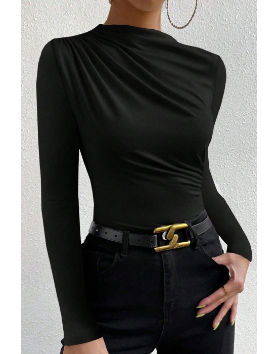 Kadın Siyah Belden ve Boyundan Büzgü Detaylı Uzun Kollu Bluz