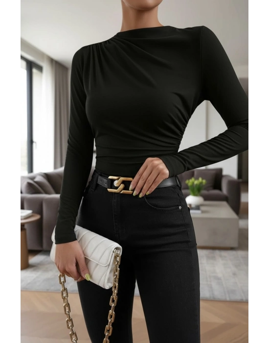 Kadın Siyah Belden ve Boyundan Büzgü Detaylı Uzun Kollu Bluz