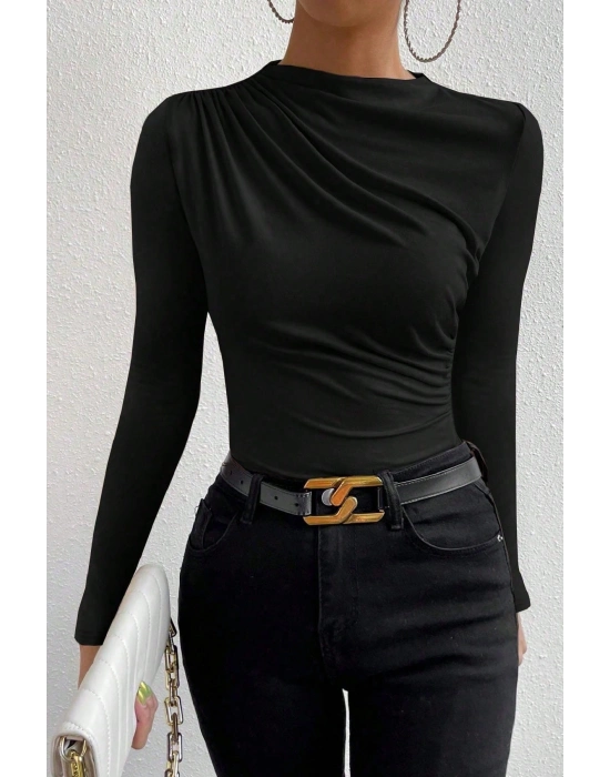 Kadın Siyah Belden ve Boyundan Büzgü Detaylı Uzun Kollu Bluz