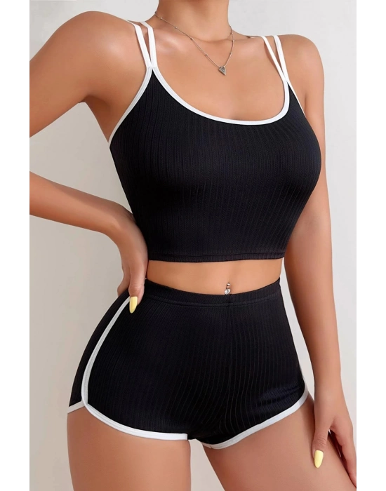 Kadın Siyah Beyaz Çapraz Lastik Detaylı Kaşkorse Şortlu Gecelik Takımı