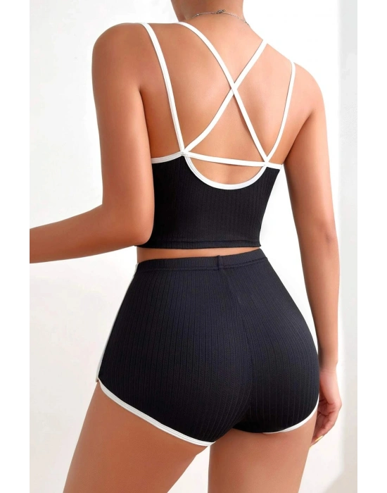Kadın Siyah Beyaz Çapraz Lastik Detaylı Kaşkorse Şortlu Gecelik Takımı