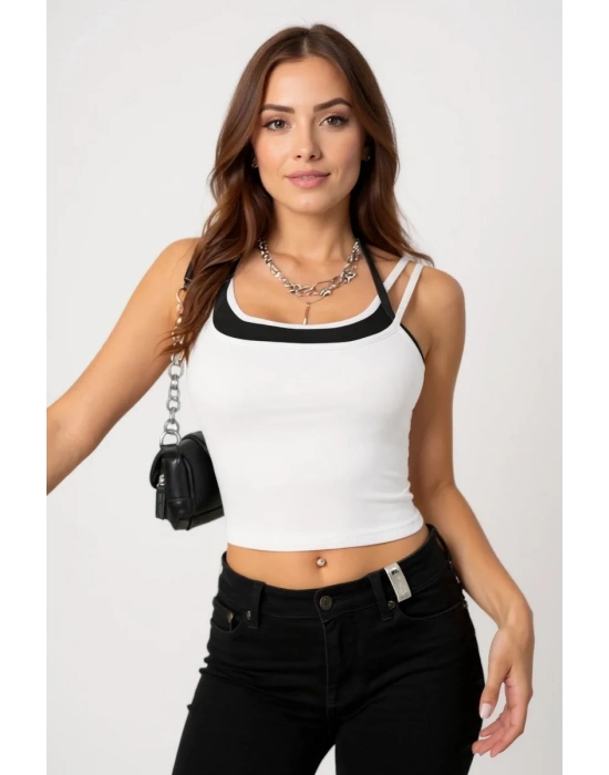 Kadın Siyah Beyaz Çift Renk Çapraz Askılı Crop Top Bluz